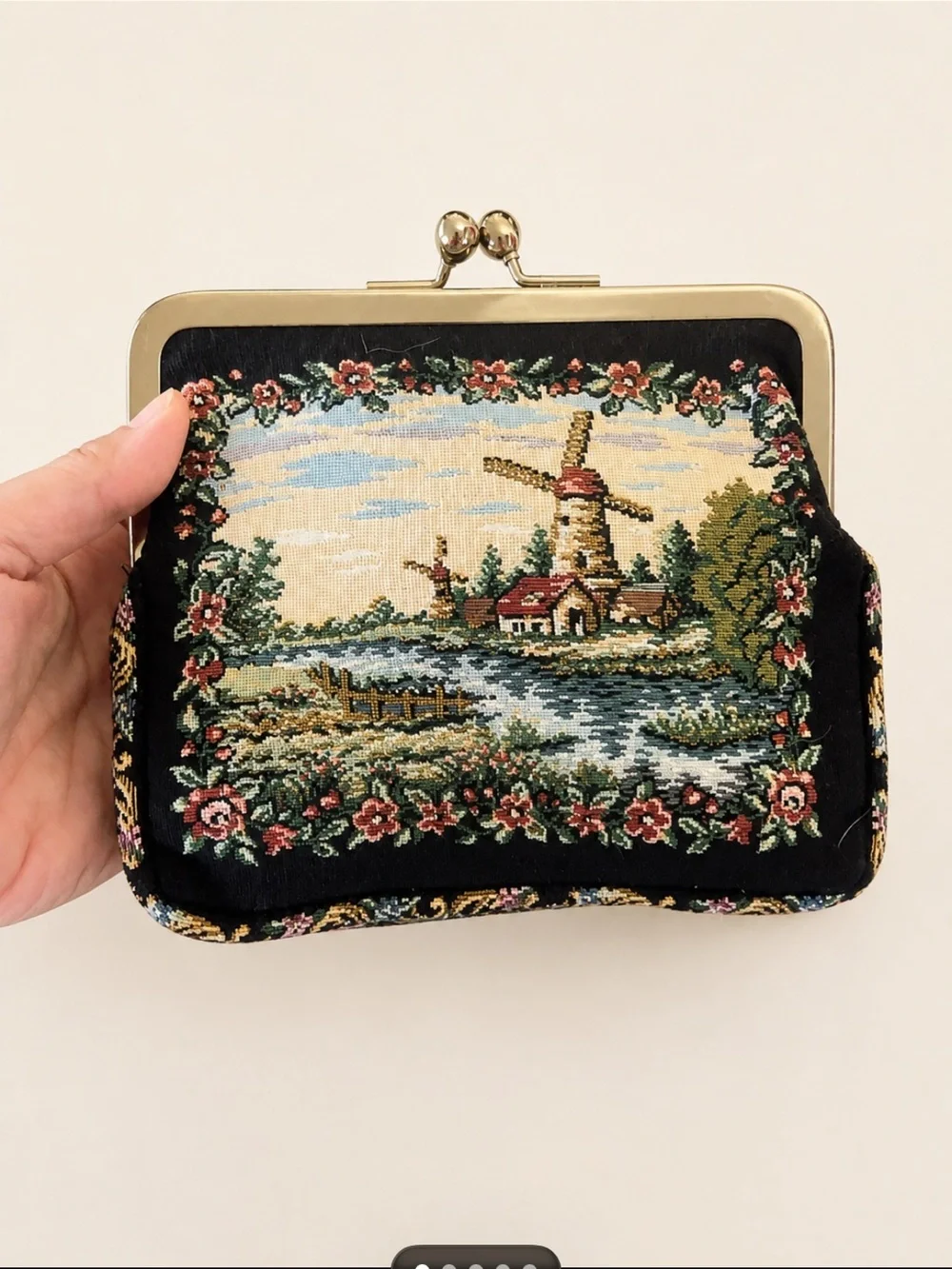 French Tapestry Windmill Mosaic Kisslock CLUTCH EUC